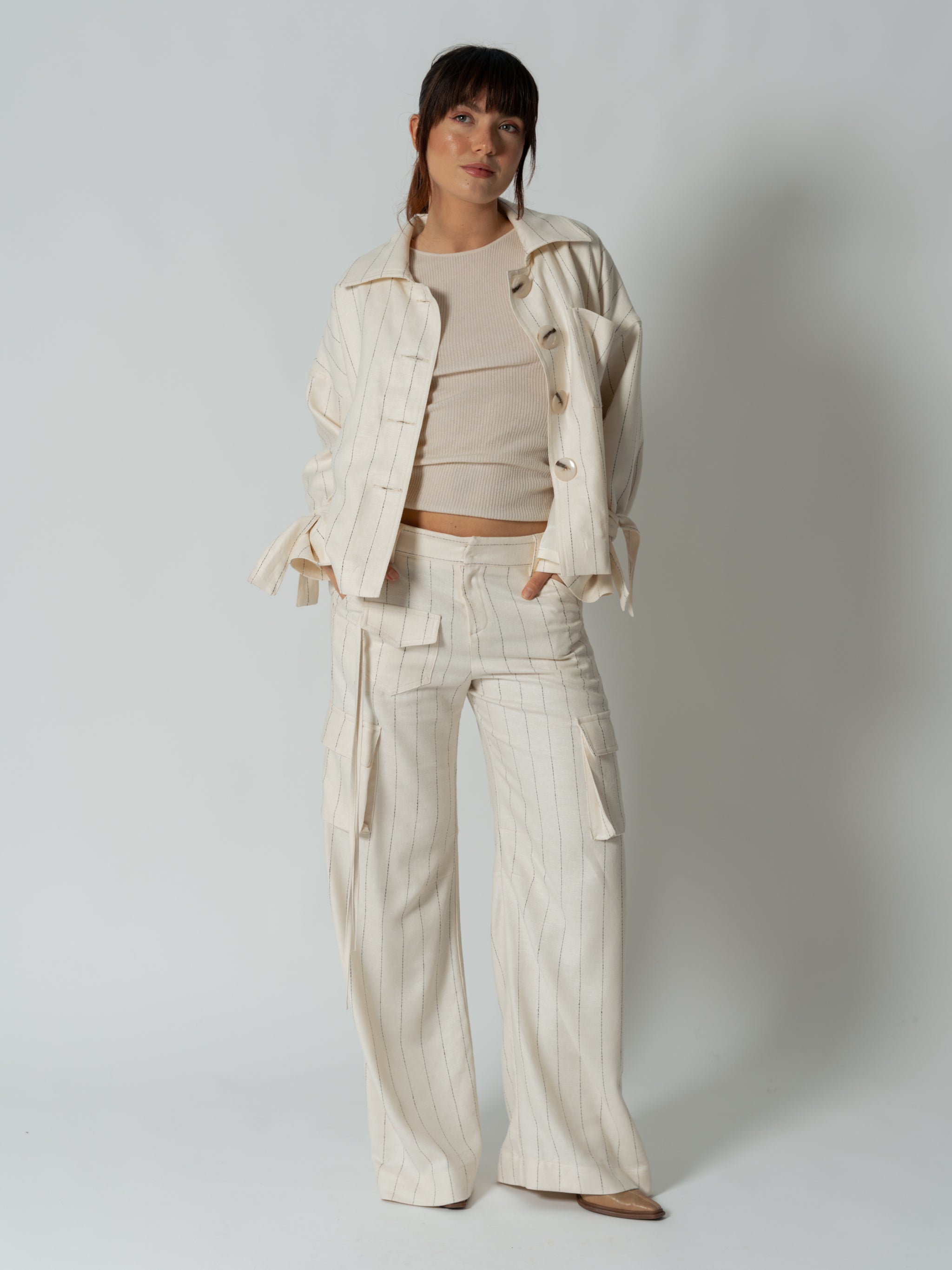 WHITE STRIPED CARGO TROUSERS