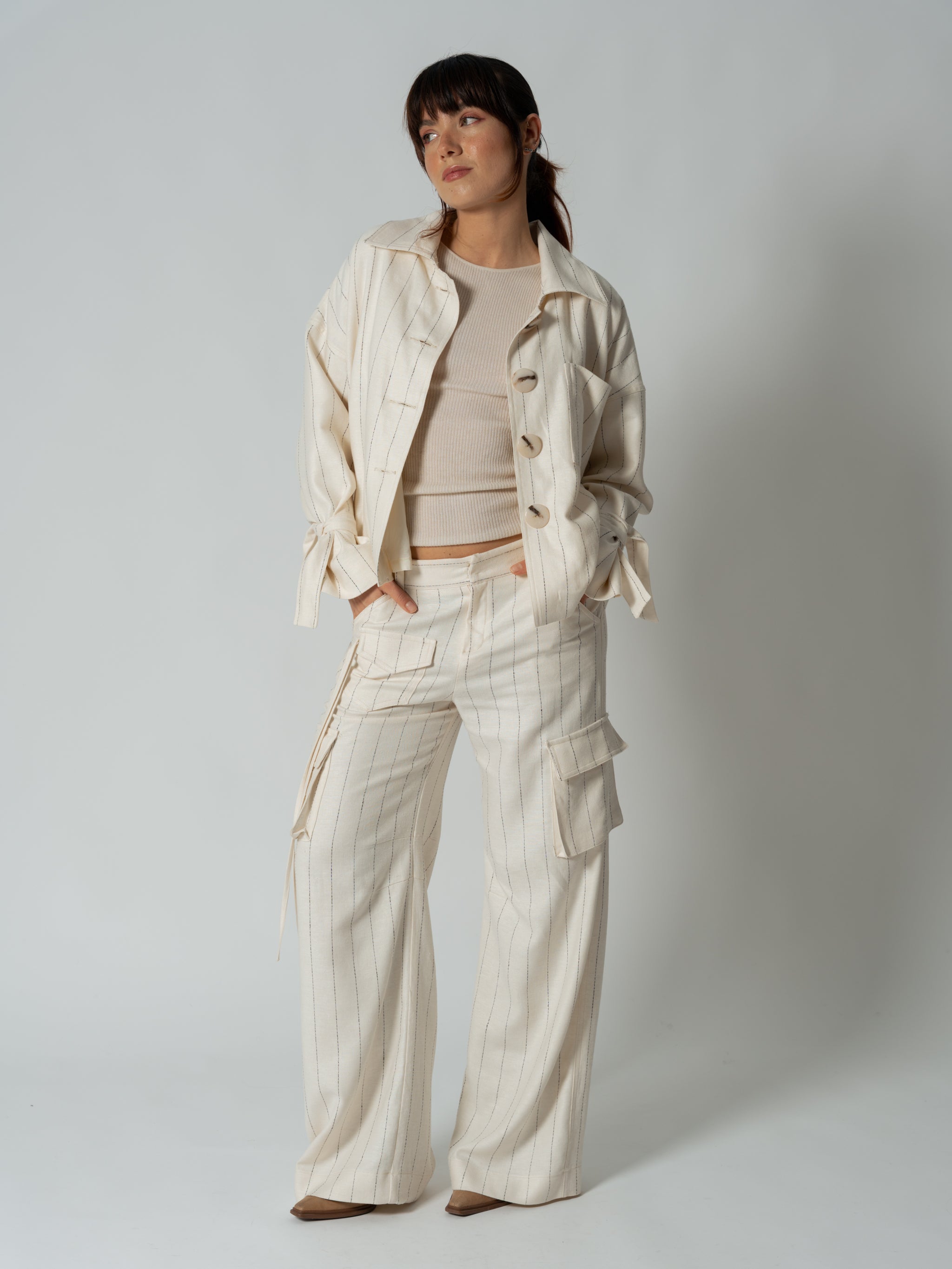 WHITE STRIPED CARGO TROUSERS