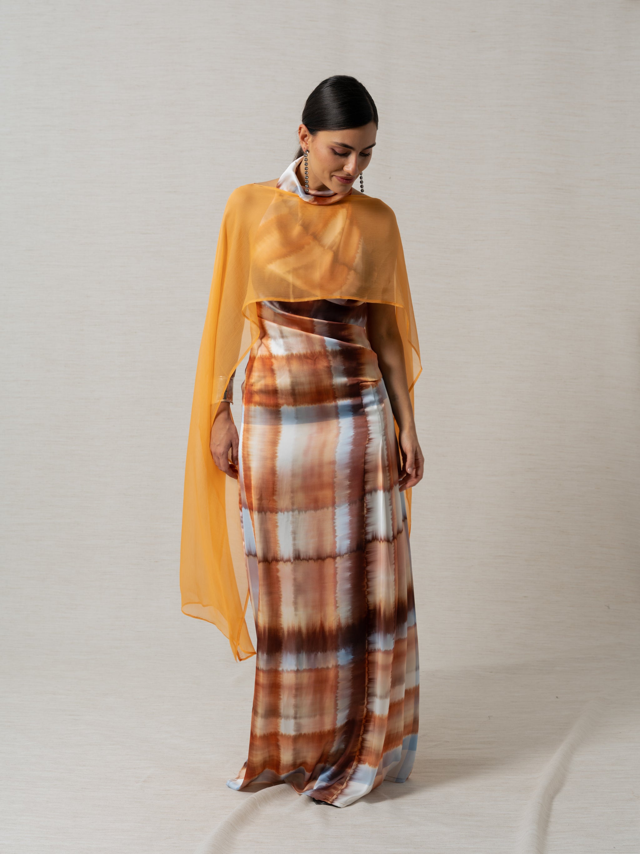 orange cape dress Twisted Neckline Dress with Attached Cape and Sweep Train Orange / US 4